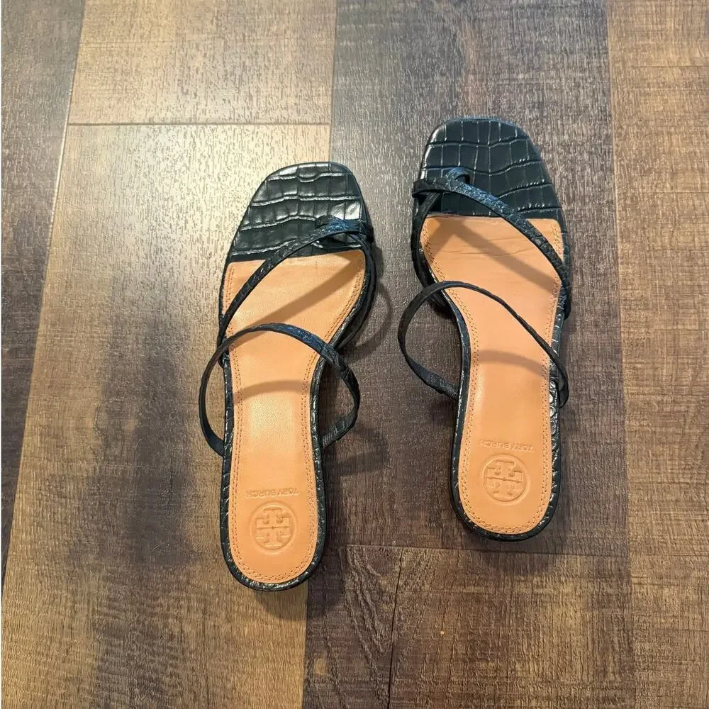 Tory Burch Croc Embossed Slide Sandals Black Leather Size 8M